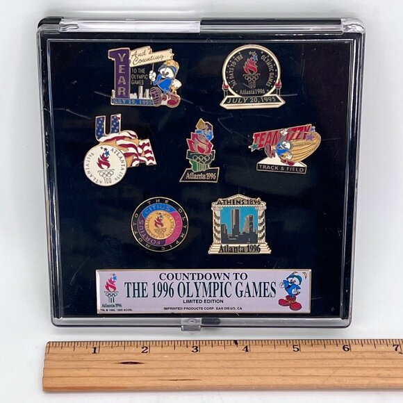 Atlanta 1996 Olympic Games Countdown 7 Pin Set Limited Edition In Display Case - Picture 15 of 16